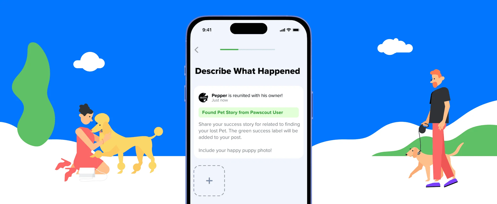 Pawscout app: the Describe What Happened screen for a found pet